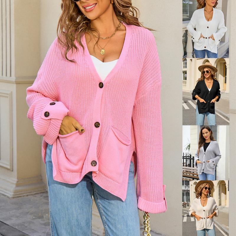 2026 Neue modische V-Ausschnitt Strickjacke Lockerer Pullover Langarm Tasche Oberteil