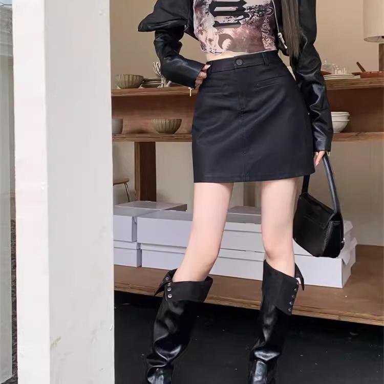 

Women s Coffee Color PU Leather High-Waist Slimming A-Line Midi Skirt - Plus Size Petite Autumn/Winter Bodycon Style S чёрный