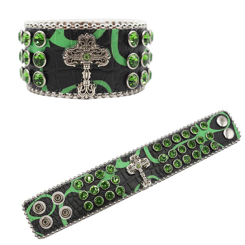 Cross-set Diamond Design Rhinestone Bracelet with Hip-hop Trendy PU Leather Bracelet Design
