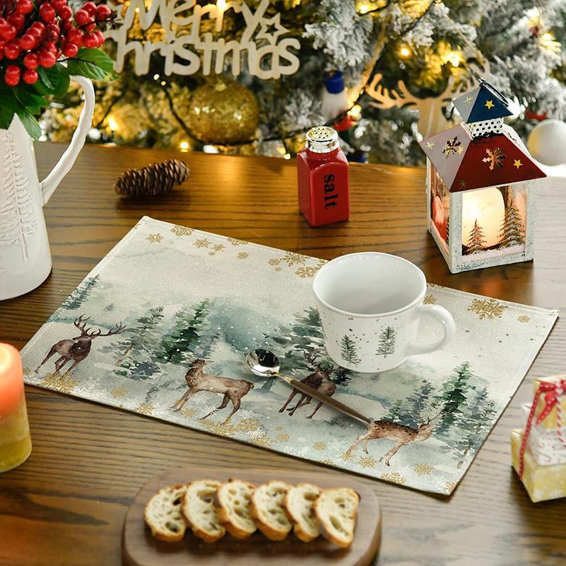 4Pcs Christmas Tree Elk Placemat Linen Dining Table Mats Coaster Bowl Coffee Cup Pad Mat 2025 Navidad Home Kitchen Decoration