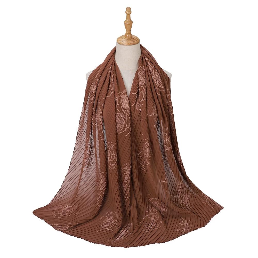 Women Pearl Chiffon Pleated Chiffon Hijab Scarf Islamic Clothing Headscarves Flower Shawls Headwraps For Ladies 70*165Cm