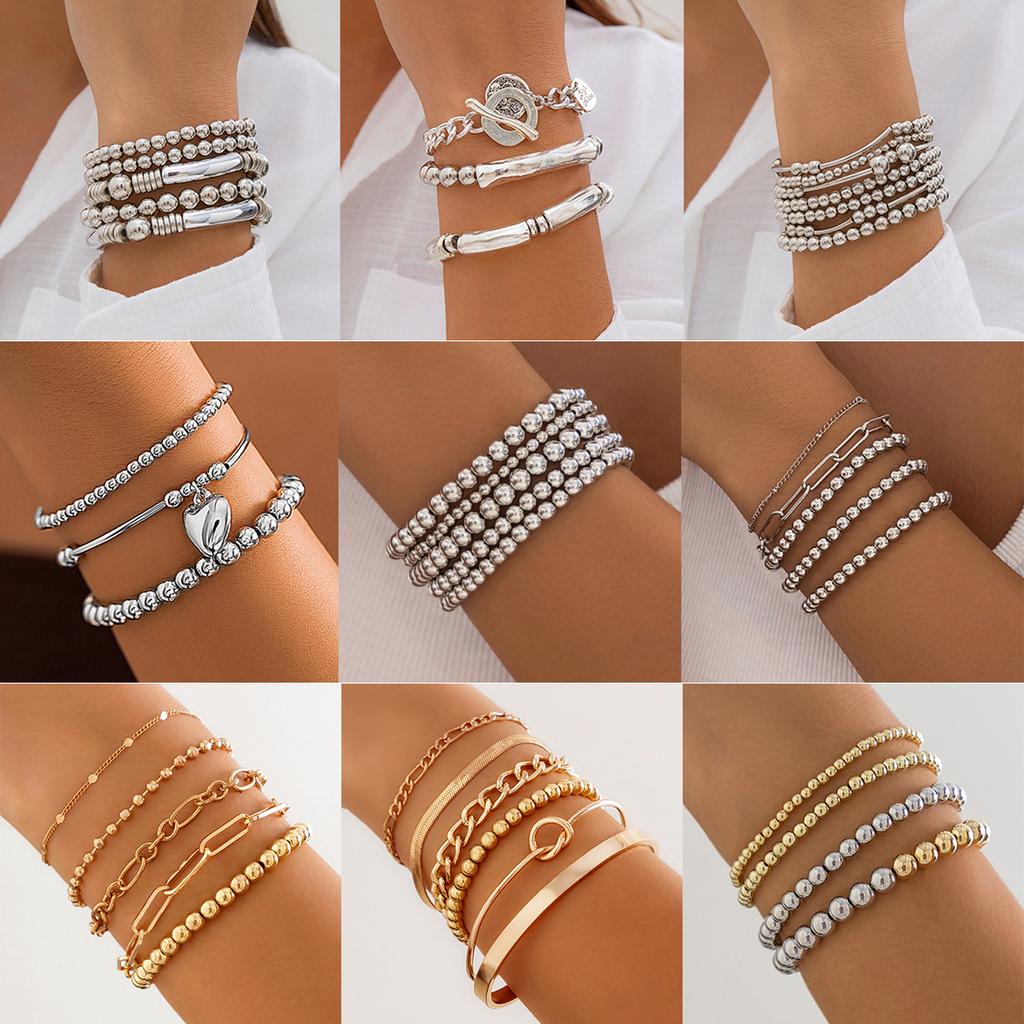 Fashion Metal Love Pendant Beaded Bracelet Set, Sweet And Cool Round Bead Chain Stacked Bracelet Woman
