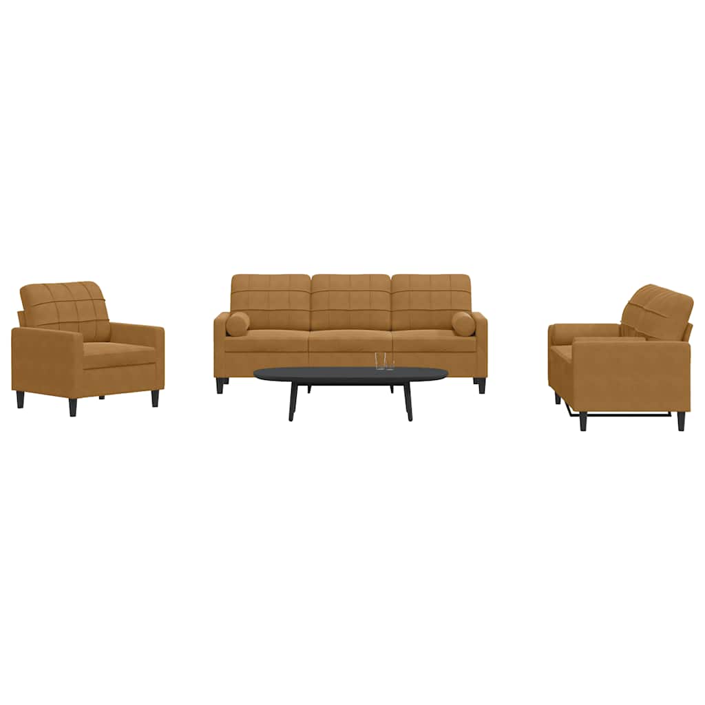 3 Piece Sofa Set with Cushions and Neck Rolls Brown Velvet