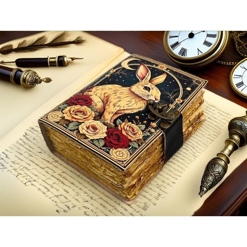 Handmade Leather Journal – Rabbit & Roses • Travel Diary / Sketchbook • Gift for Animal Lover