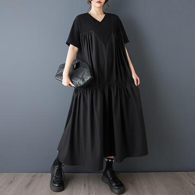 DIMANAF 2026 New Spring Summer  Plus Size Women Black Dress Fashion Lady Loose Casual Long Dress Solid Pleated Skirt