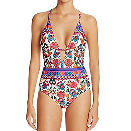 Floral Halterneck Backless Lace-up One-Piece Swimsuit for Women
