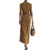 Women's Long Sleeve Lapel Button Suede Wrap Long Dress Warm Casual Belted Dress