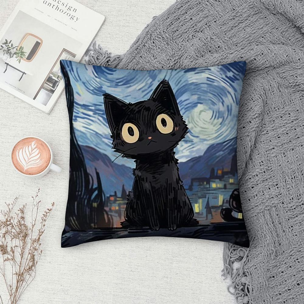Van Gogh Starry Sky Cat Pillow Case Sofa Decorative Home Double-sided Print Plush Square Throw Pillow Covers Cushion Decor Cover