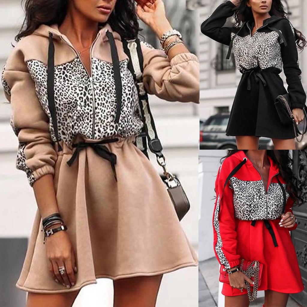 Women's  Leopard Print Patchwork Long-sleeved Hooded Zipper Waist Dress