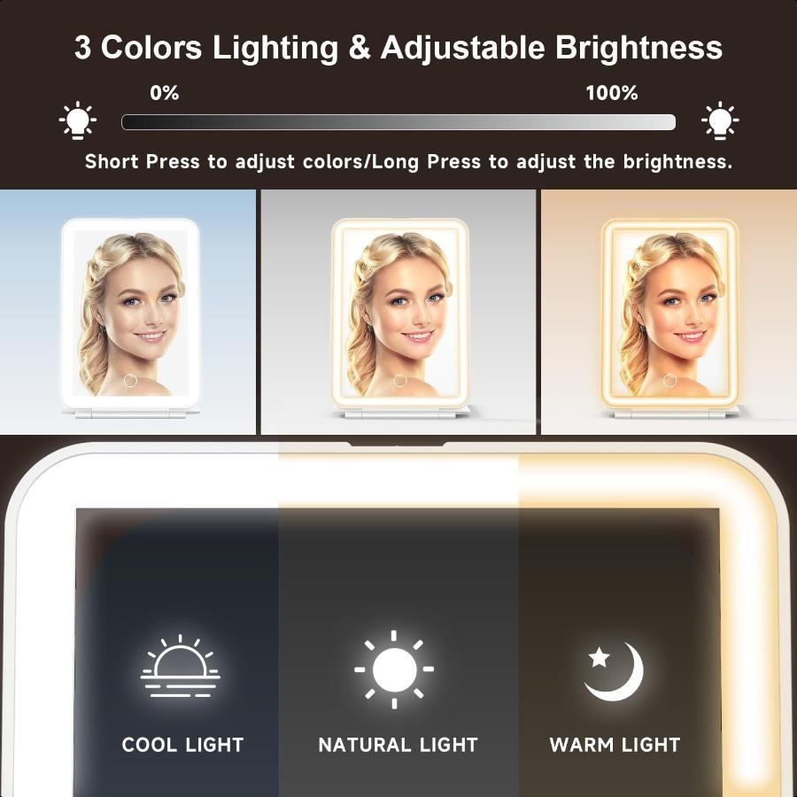 LED Foldable Travel Makeup Mirror 5x7 Inches 3 Colors Light Modes USB Rechargeable Touch Screen Portable Tabletop Cosmetic Mirr