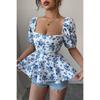 Spring Summer New Arrival Women's Square Neck Smocked Print Short Sleeve Top Fashion Slim Fit Sexy Casual Blouse