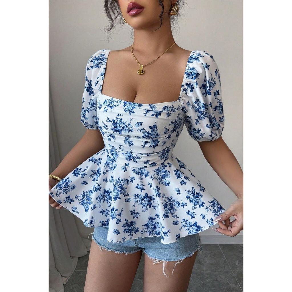 Spring Summer New Arrival Women's Square Neck Smocked Print Short Sleeve Top Fashion Slim Fit Sexy Casual Blouse