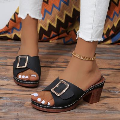 Fashion Low Heel Women Slippers Summer Woman Shoes Square Heel Outside Ladies Shoes High Quality Buckle Solid Sexy Slippers Women Heels