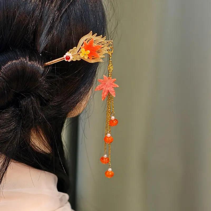 Red Maple Leaf Long Tassel Headdress Antiquity Hairpin Hanfu Cosplay Hair Clasp Step Shake