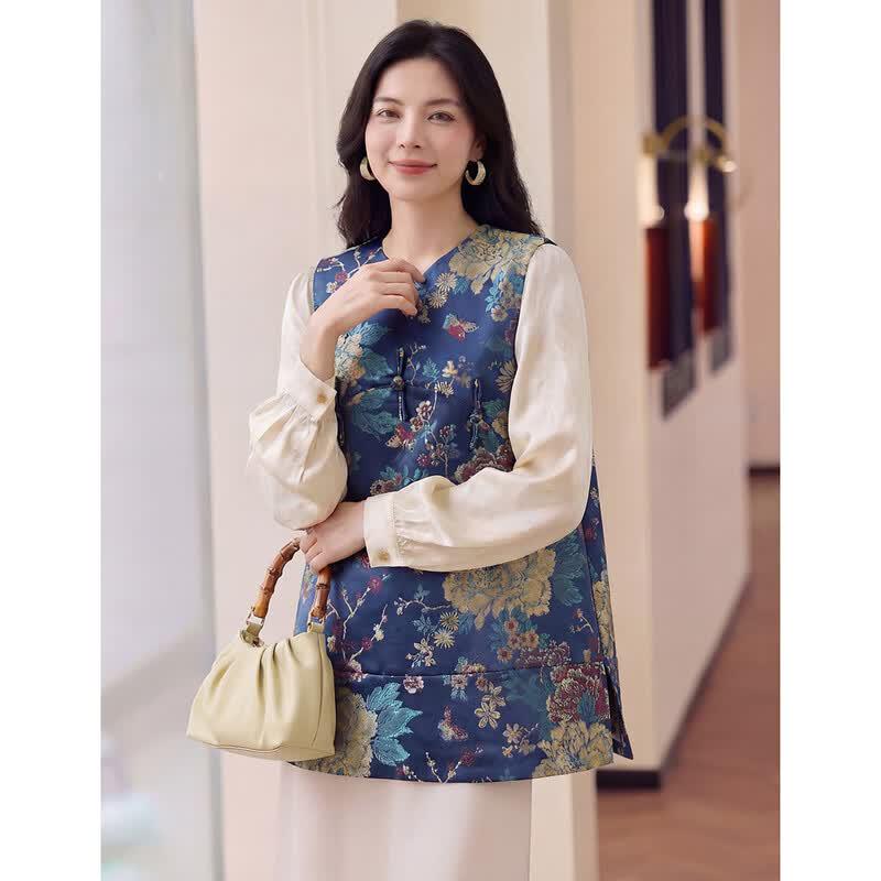 Elegant Chinese Style Floral Vest Top XL синий