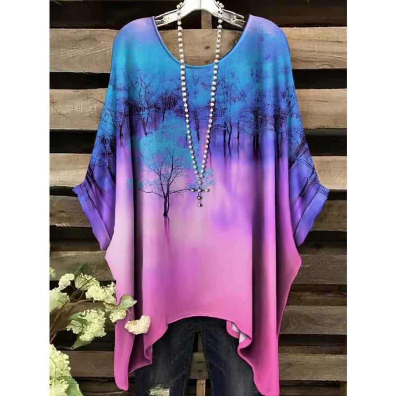 Fashion Gradient T-Shirts for Women Summer Simple Irregular Hem O-Neck Short Sleeve T-Shirt Versatile Women's Clothing