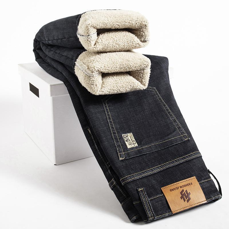 Men's Thick Velvet-Lined Stretch Denim Jeans, Loose Fit, Straight Leg, 2023 New Style, Autumn/Winter Warmth.