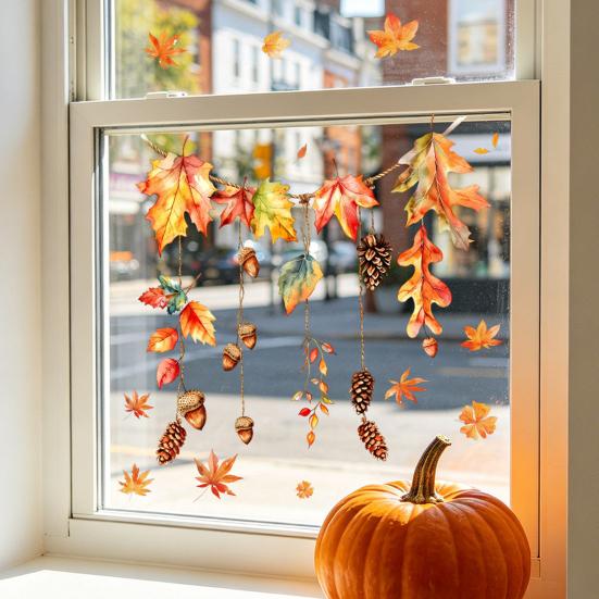 Creative Soft Decoration Gifts Autumn Maple Leaf Pinecone Scarecrow Pumpkin Static Window Clings, Waterproof PVC Indoor Outdoor Glass Decor