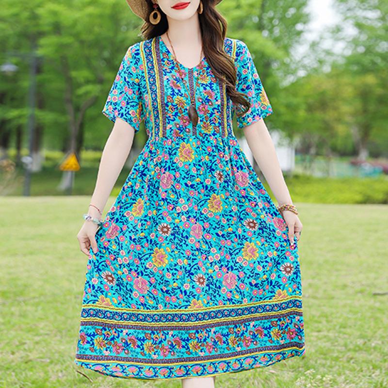 Elegant Women's Dress Summer Vintage Clothes Loose Short Sleeve Plus Size Casual Long Dresses