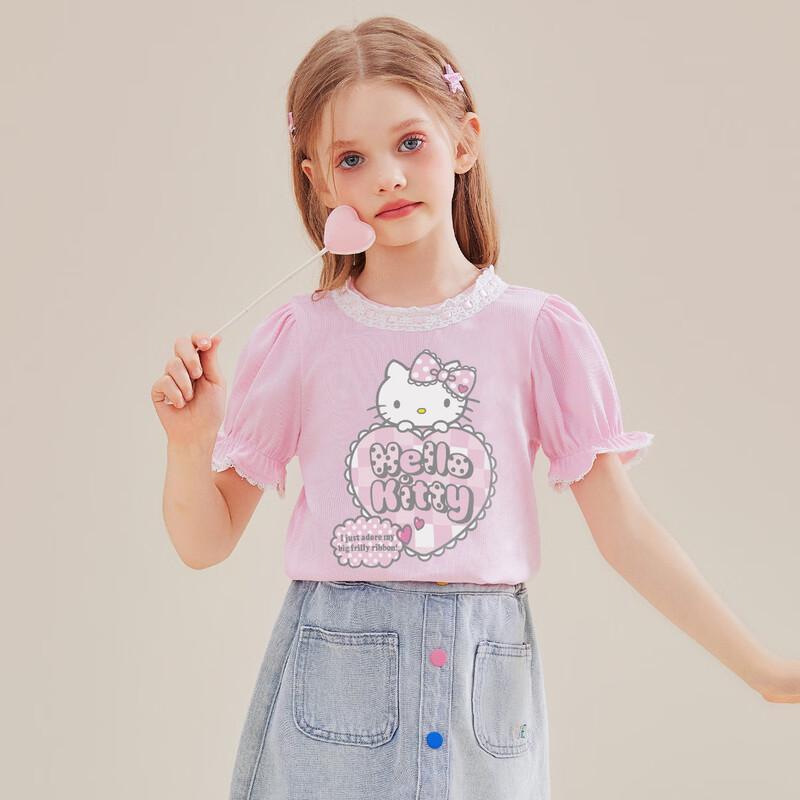 Hello Kitty Girls' Summer Cartoon Heart Print Puff Sleeve T-Shirt