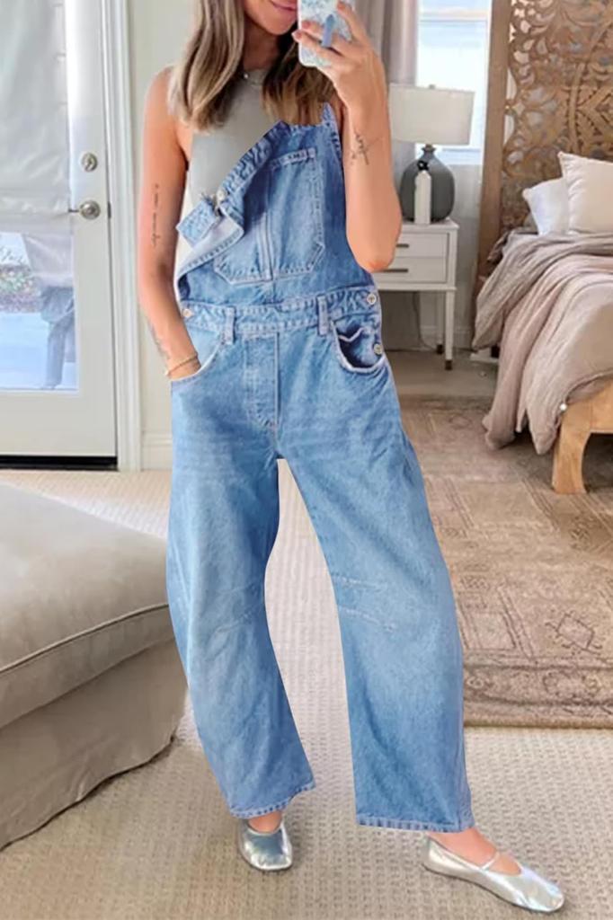 Womens Denim Bib Overalls Barrel Leg Baggy Jean Jumpsuit With Pockets