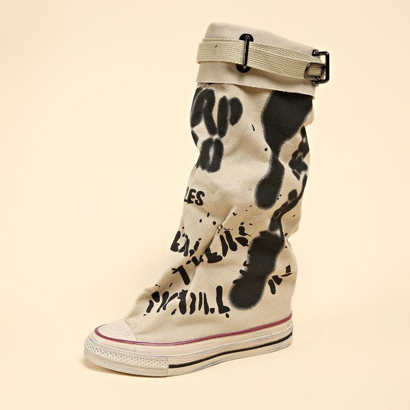 Graffiti 2026 New High Top Canvas Shoes Women's Spring Boots Wide Barrel Mid Barrel Boots 2026 New Trouser Barrel Stacking Boots
