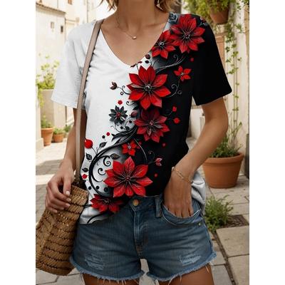Women's T Shirt Floral Graphic Vintage Stylish Modern Short Sleeve V Neck Regular Tops Daily Print Red Summer Casual T-shirt