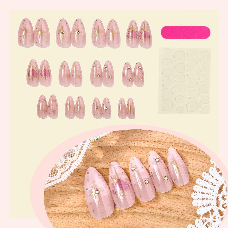 24Pcs White French Smudge Almond Press On Nails Y2K Gold Star Pink Heart Glossy False Nails