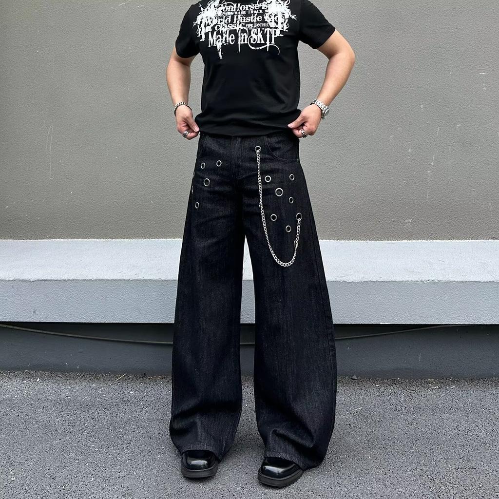 American Retro Metal Design Rock Ring Chain Loose Wide Leg Jeans Men's and Women's Versatile Scimitar Pants