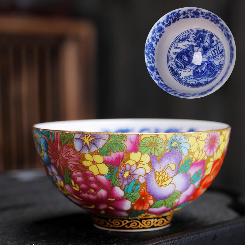 Ceramic Enamel Color Tasting Single Blue and White Douli Japanese Style Filigree Tea Bowl Kung Fu Master Cup Gift Bo