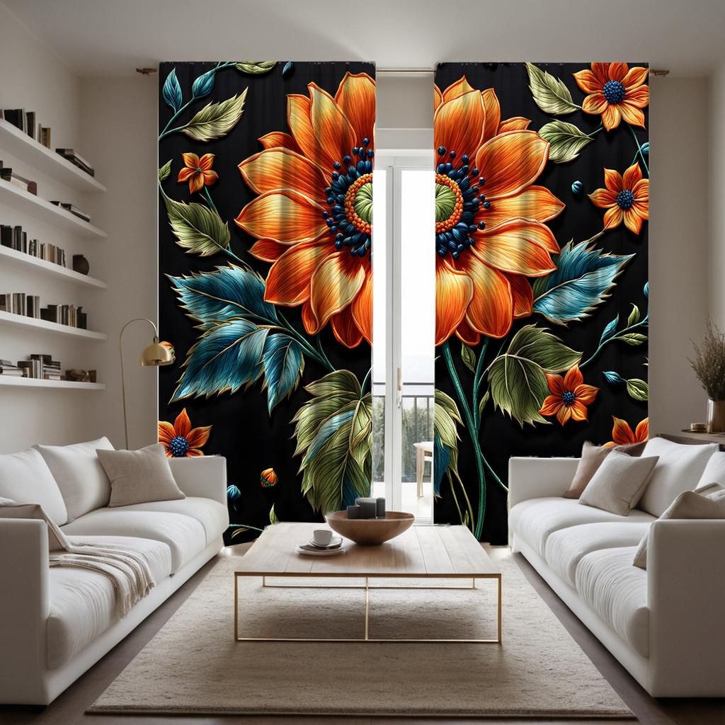 2pcs HD Black Gorgeous Sunflower Curtain Black Digital Printed Curtain Home Decoration Style Decorate Living Room Bedroom Wea