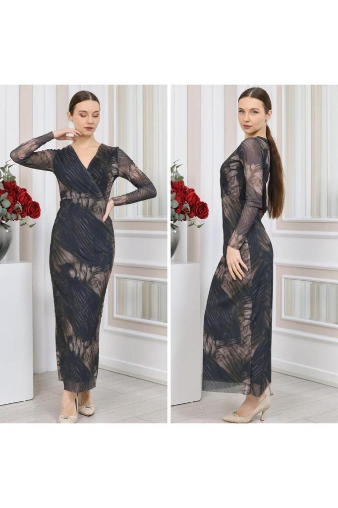 Women's Big Size Dress V-Neck Lycra Printed Tulle Dress