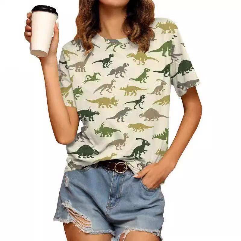 Cute Dinosaur Pattern 3D Digital Print Women's Fashionable Round Neck Short Sleeved T-shirt