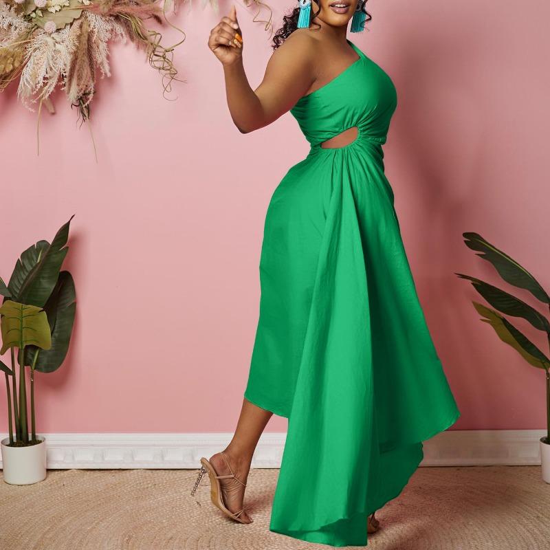 Solid Color One Shoulder Cutout Irregular High Waist Plus Size Sexy Long Dress For Women