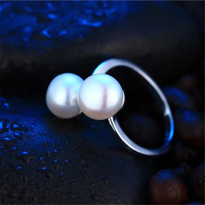 Double White 8mm Genuine Natural Pearl Ring 925 Sterling Silver Rings for Women Wedding Ring Wedding Rings Silver 925 Jewelry