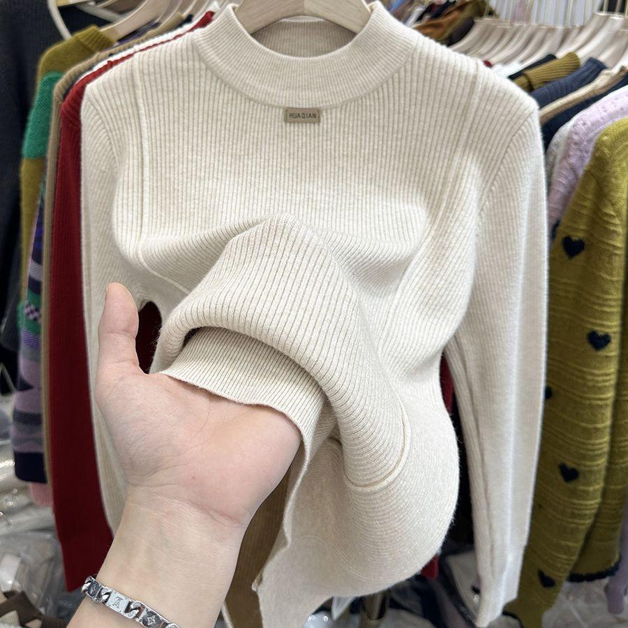 

Универсальный женский свитер Осень и Зима Полувысокий воротник Вязаный топ Большой размер Базовая рубашка Трендовый 3XL хаки