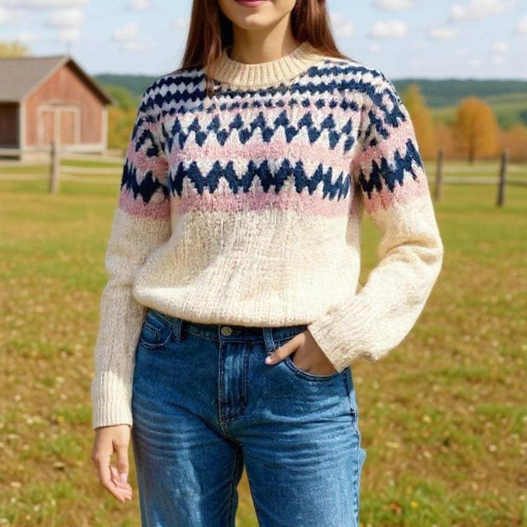 Ladies' Fashion Sweater, Round Neck,Loose Pullover Long-sleeved Knitted Sweater