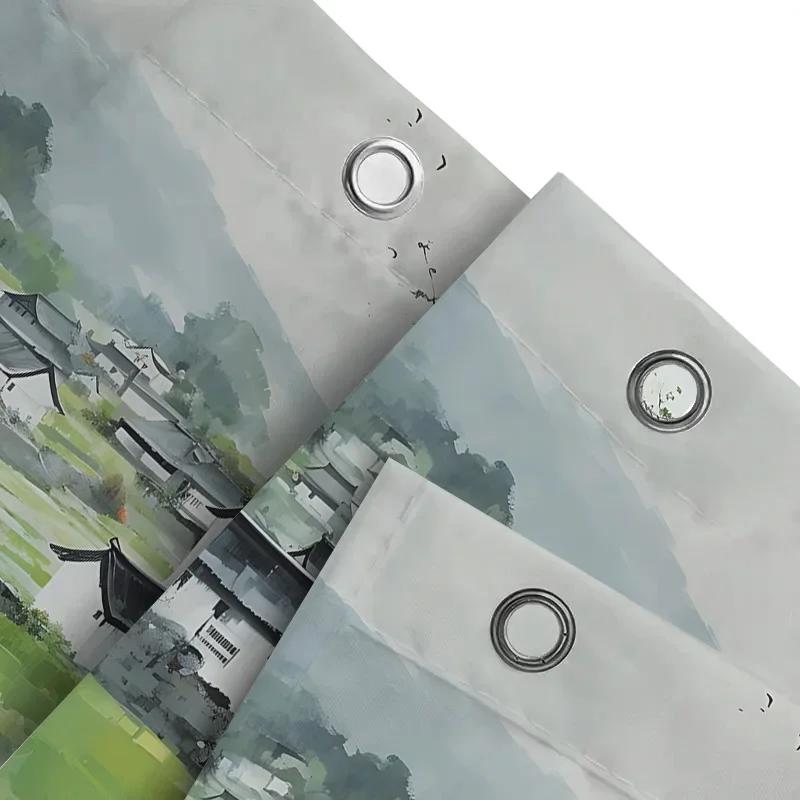 Landscape Shower Curtain With Traditional Chinese Village Artwork - Watercolor Painting Of Serene Countryside Life Waterproof