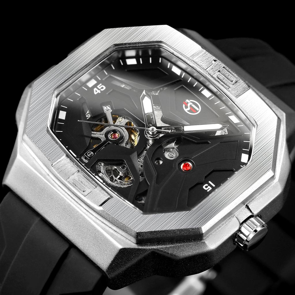 Forsining Mens Skeleton Automatic Self Wind Mechanical Movement Watches Waterproof Luminous Square Dial Silicone Strap Wrist Watch