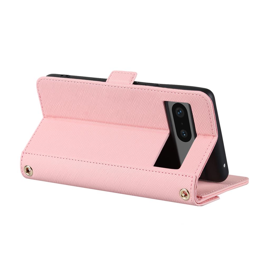 For Google Pixel 7 5G Stand Case Cross Texture PU Leather Wallet Phone Cover with Shoulder Strap/Makeup Mirror