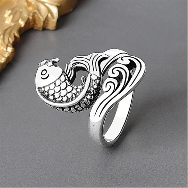 Ethnic Style Creative Year By Year Fish 925 Sterling Silver Jewelry Retro Wave Flower Carp Animal Opening Rings TYB030