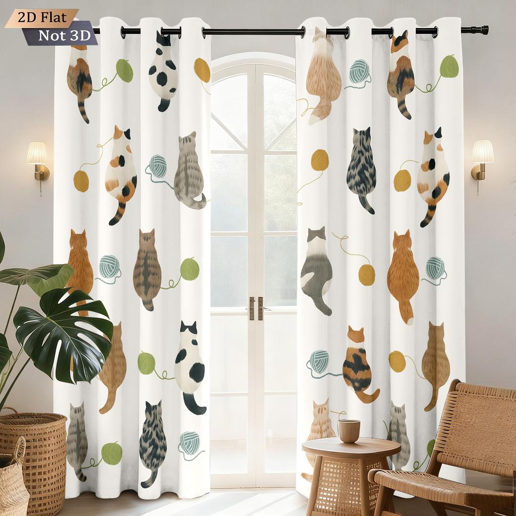 2pcs Cartoon Cute Cat Printed Perforated Blackout Curtains   Multi Size Living Room Insulation Decoration   Easy Installation