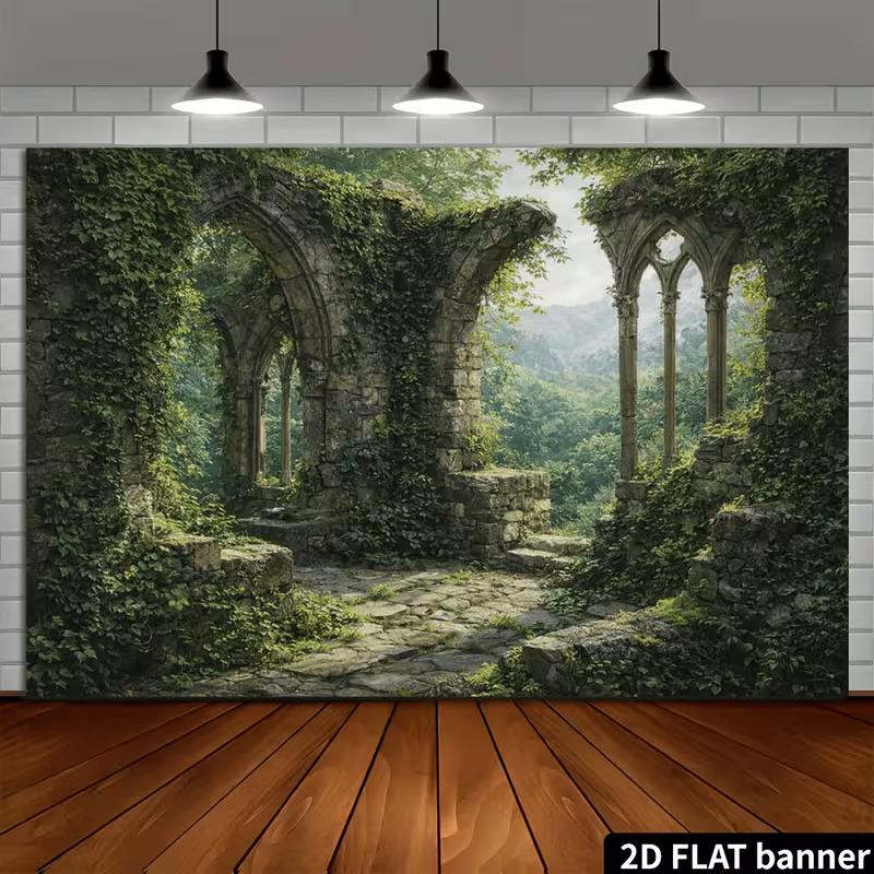 2D Gothic Stone Ruins Ivy Backdrop Enchanted Forest Photography Background