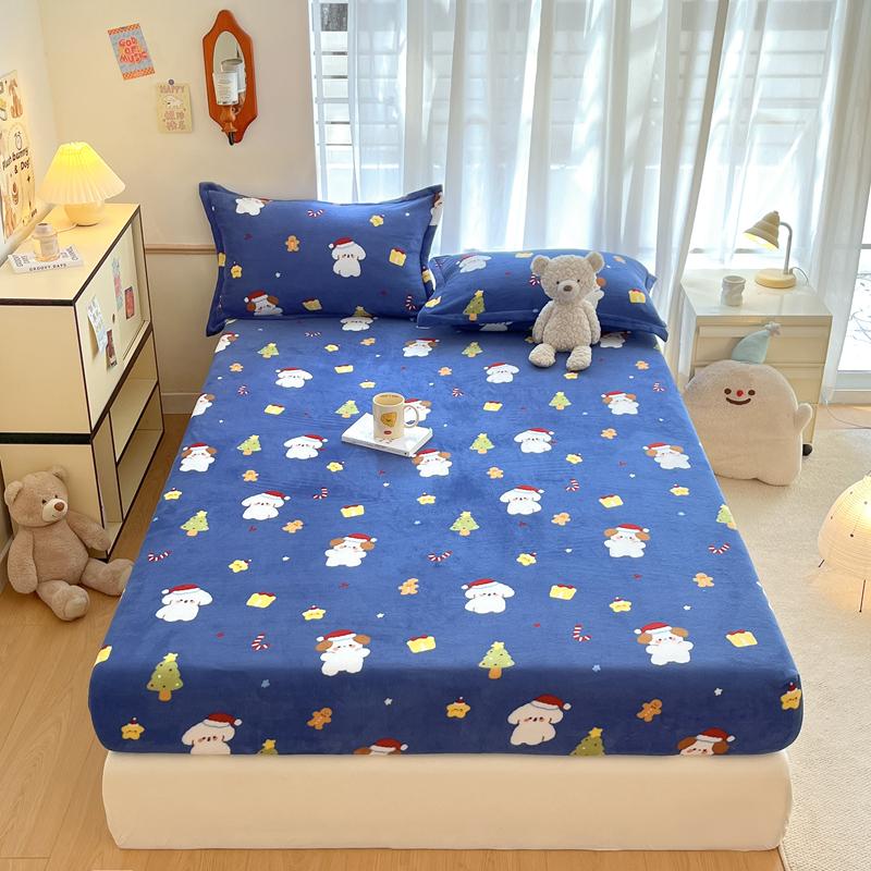 Cute Cartoon Bear Pattern Flannel Fitted Sheet Set Warm Breathable Super Soft Deep Pockets Mattress Cover for Kids Boys Girls