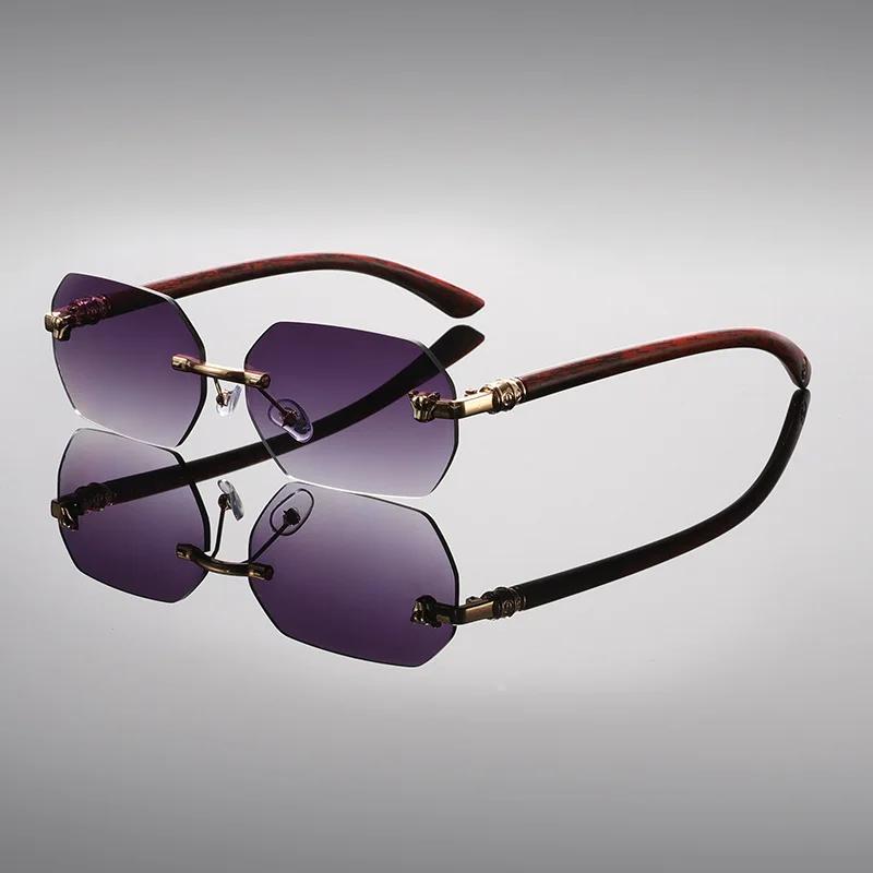 Fashion Frameless Sunglasses With Cut Edges Women'S High-End Retro Eyewear Men Wood Grain Legs Leopard Head Sun Glasses