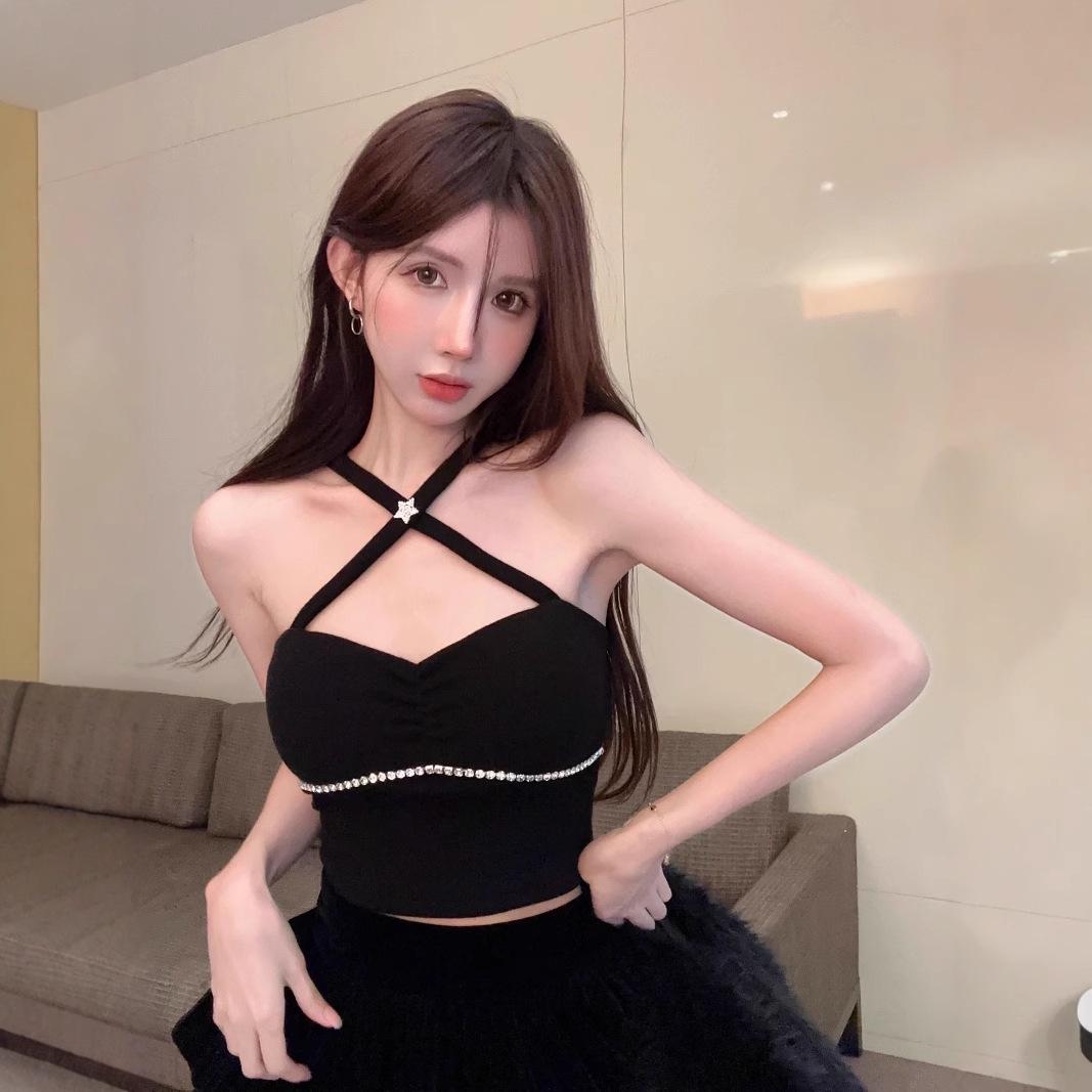 

Топ-майка с открытыми плечами и стразами облегающего кроя – Женское сексуальное нижнее белье без рукавов One size (recommended for within 125 pounds) чёрный