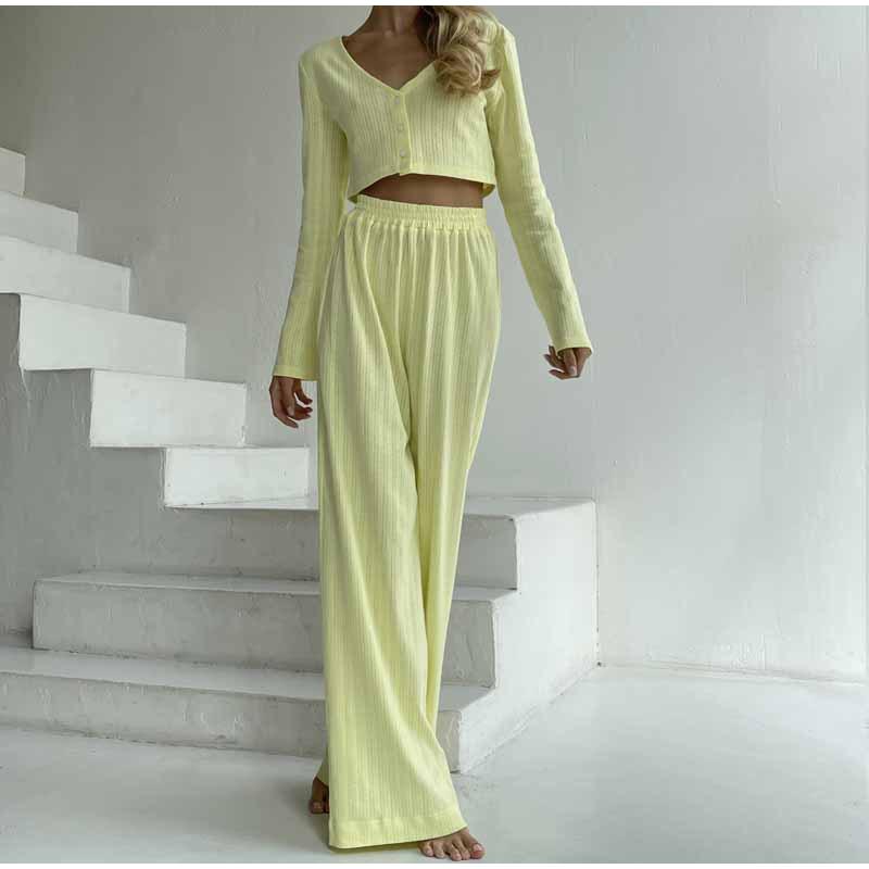 

Повседневный комплект из длинных брюк для женщин, весна-лето, блузки с V-образным вырезом и пуговицами, длинные рукава, эластичный пояс, брюки, комплекты, женский однотонный офисный женский костюм L зелёный