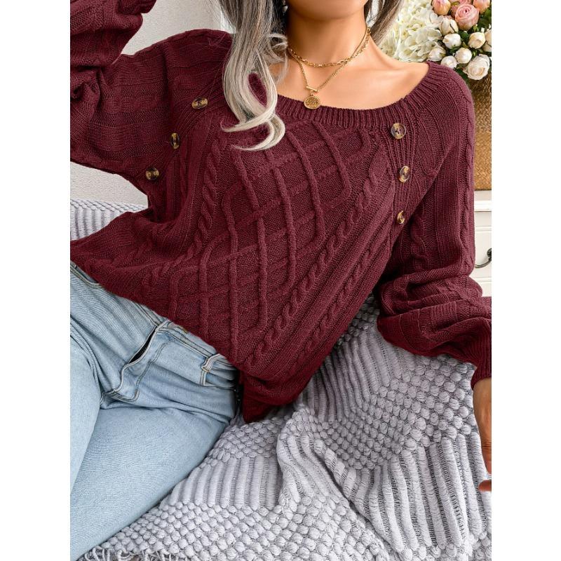 Women's Autumn and Winter Casual Square Collar Nail Buckle Twist Knitted Jumper