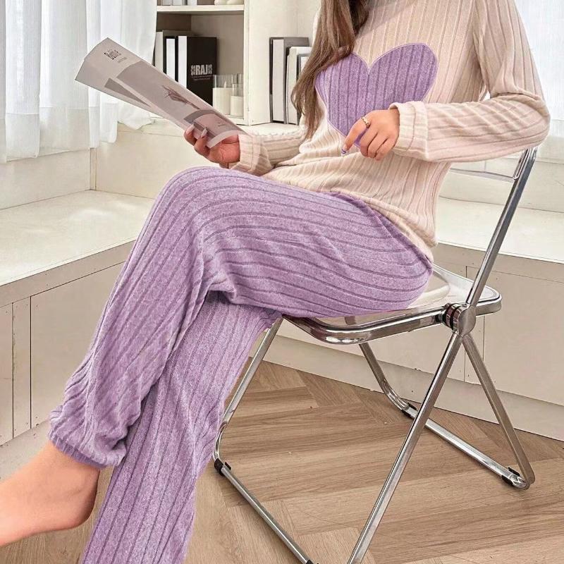 Women's New Style Pajamas Set Heart Pattern Short Sleeve Shirt Trousers Two-piece Simple and Lovely Casual Home Wear