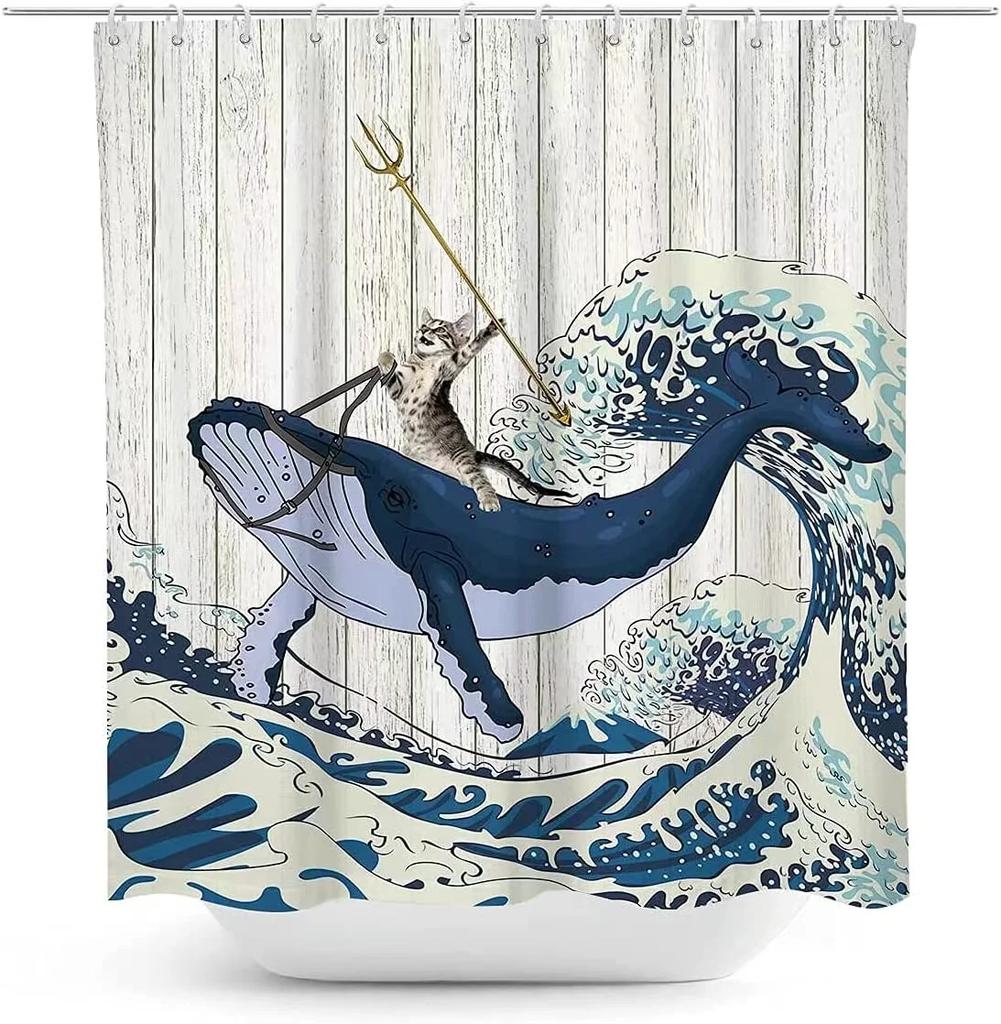 Funny Kids Shower Curtains For Bathroom Decor Corgi Cute Dog Riding Shark Nautical Ocean Boys Animal Hilarious Fabric Polyester
